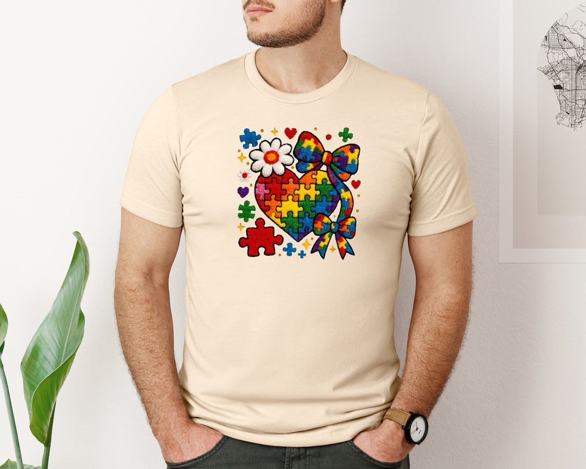 brand:Bella Canvas|color:Soft Cream|Autism Mom Coquette Bow Faux Yarn Shirt Graphic T-Shirt