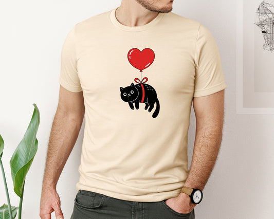 Floating Black Cat With Heart Balloon Graphic T-Shirt