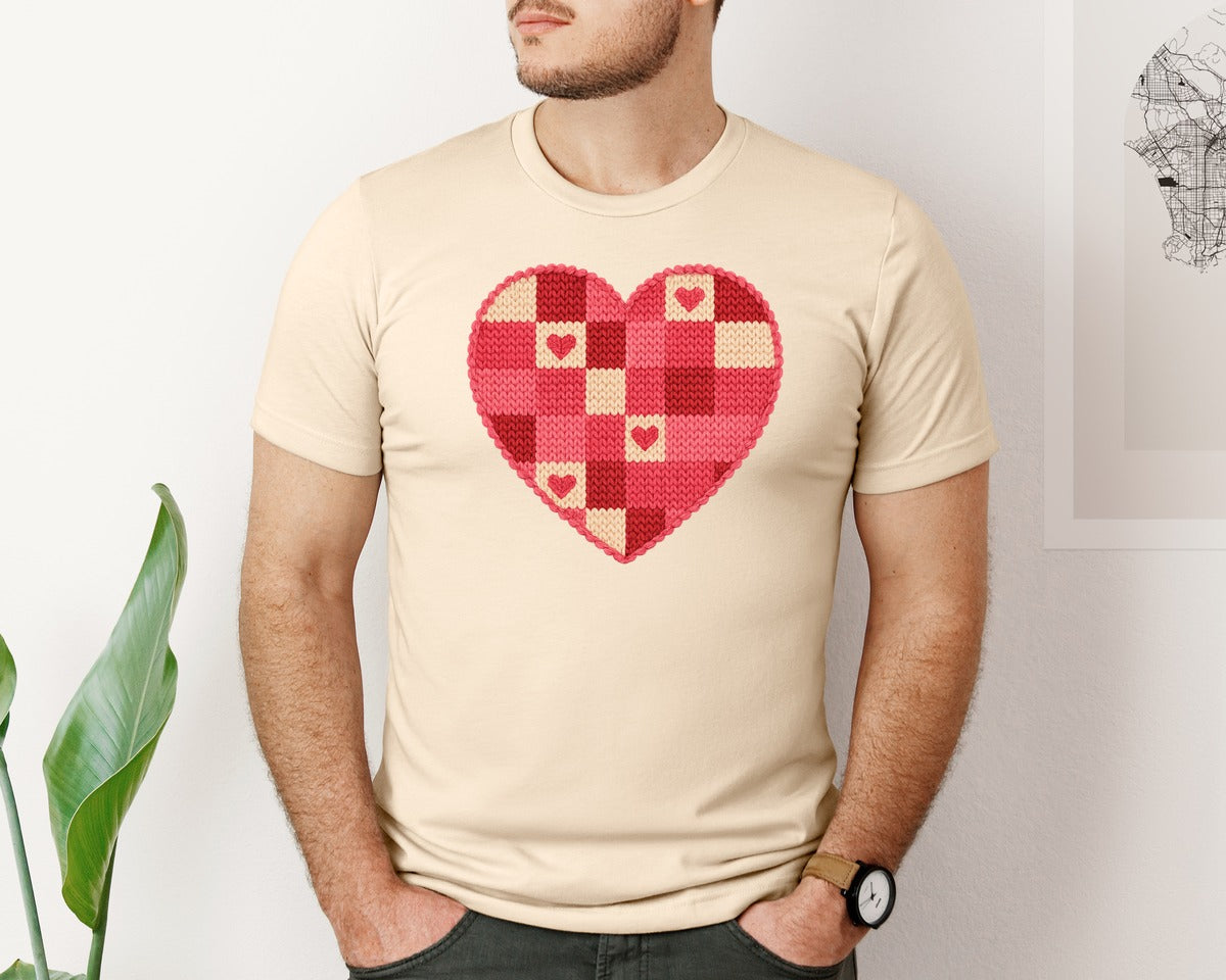 brand:Bella Canvas|color:Soft Cream|Crochet Patchwork Heart Quilted Graphic T-Shirt