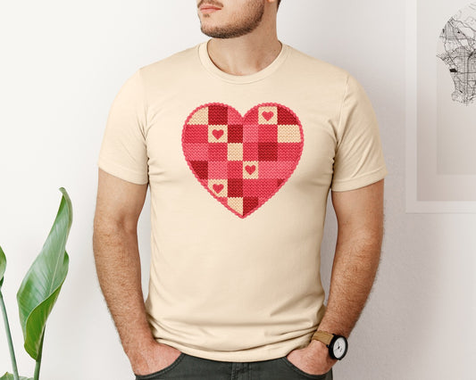 Crochet Patchwork Heart Quilted Graphic T-Shirt