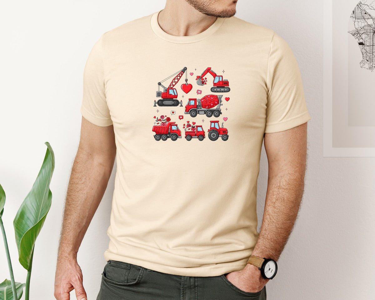 brand:Bella Canvas|color:Soft Cream|Valentine Construction Vehicles Graphic T-Shirt