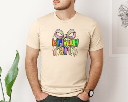 brand:Bella Canvas|color:Soft Cream|Birthday Girl Bow Faux Yarn Coquette Graphic T-Shirt