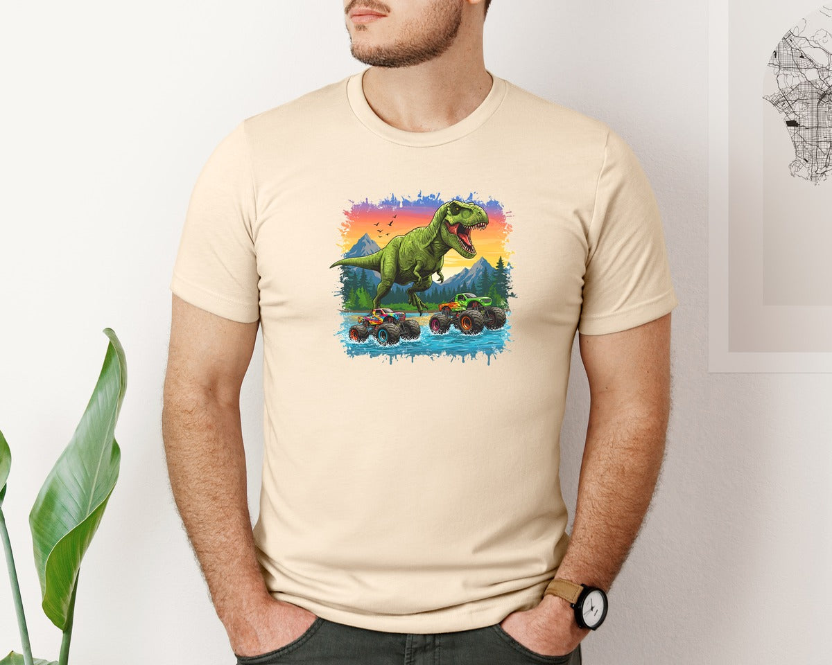 brand:Bella Canvas|color:Soft Cream|Dinosaur Monster Truck T Rex Graphic T-Shirt