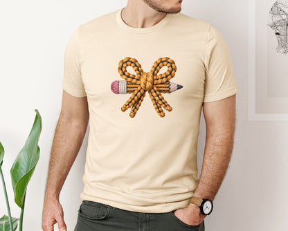 brand:Bella Canvas|color:Soft Cream|Coquette Knitted Pencil Bow Teacher Graphic T-Shirt
