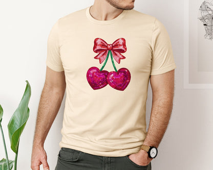 brand:Bella Canvas|color:Soft Cream|Valentines Day Sequin Cherry Hearts Graphic T-Shirt