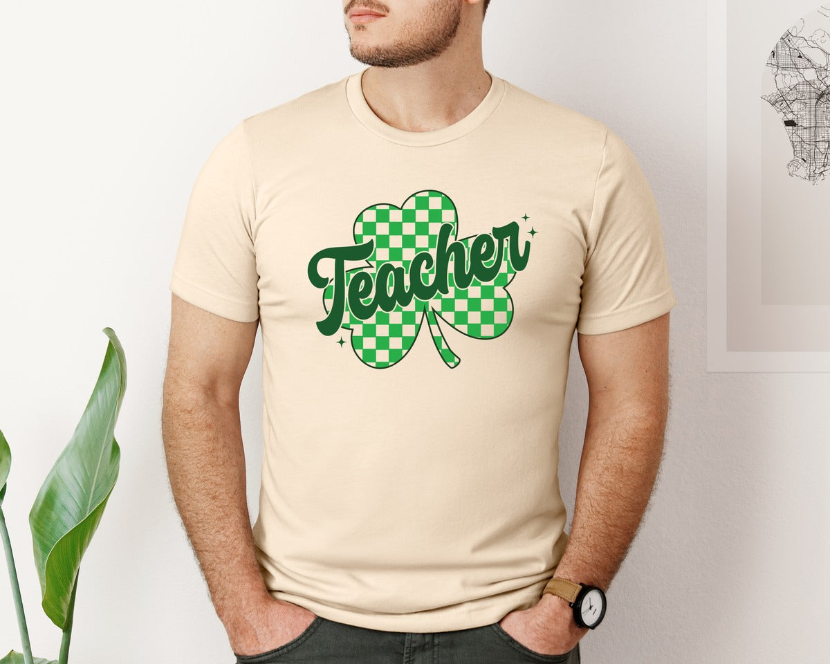 brand:Bella Canvas|color:Soft Cream|Teacher St Patricks Day Shamrock Lucky Graphic T-Shirt