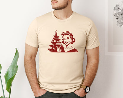 brand:Bella Canvas|color:Soft Cream|Retro Christmas Woman With Wine Glass Graphic T-Shirt