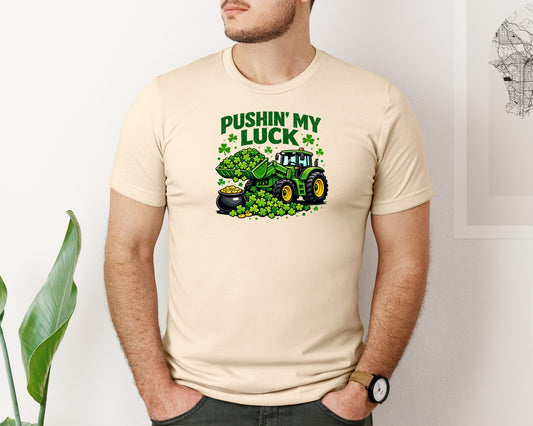 Pushin My Luck Shamrock Tractor Graphic T-Shirt