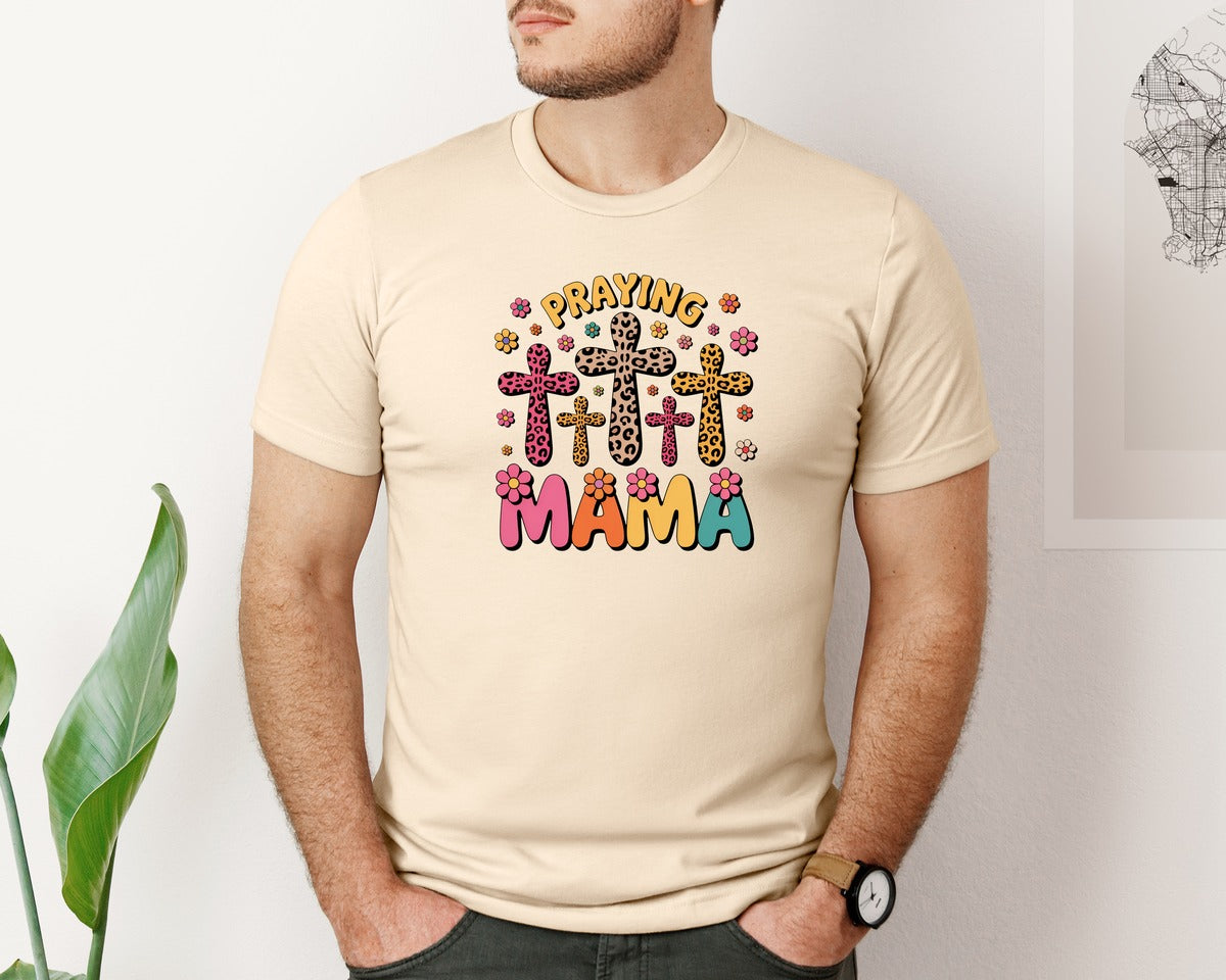 brand:Bella Canvas|color:Soft Cream|Praying Mama Leopard Cross Design Graphic T-Shirt