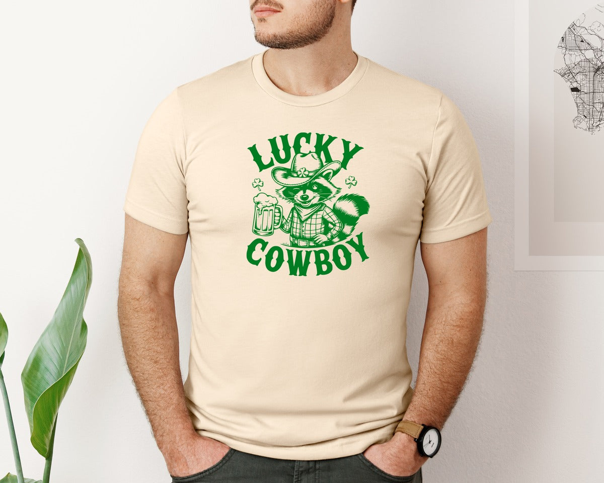 brand:Bella Canvas|color:Soft Cream|Lucky Cowboy Funny St Patricks Day Graphic T-Shirt
