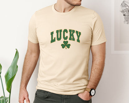 brand:Bella Canvas|color:Soft Cream|Retro Lucky Varsity Shamrock St Pat Graphic T-Shirt