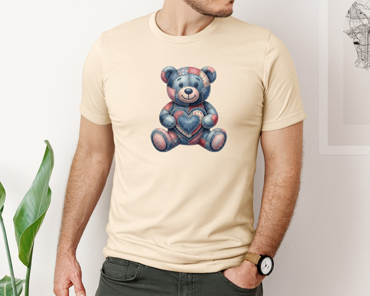 brand:Bella Canvas|color:Soft Cream|Valentine Patchwork Teddy Bear Graphic T-Shirt