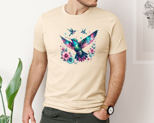 Iridescent Hummingbird Flowers Graphic T-Shirt