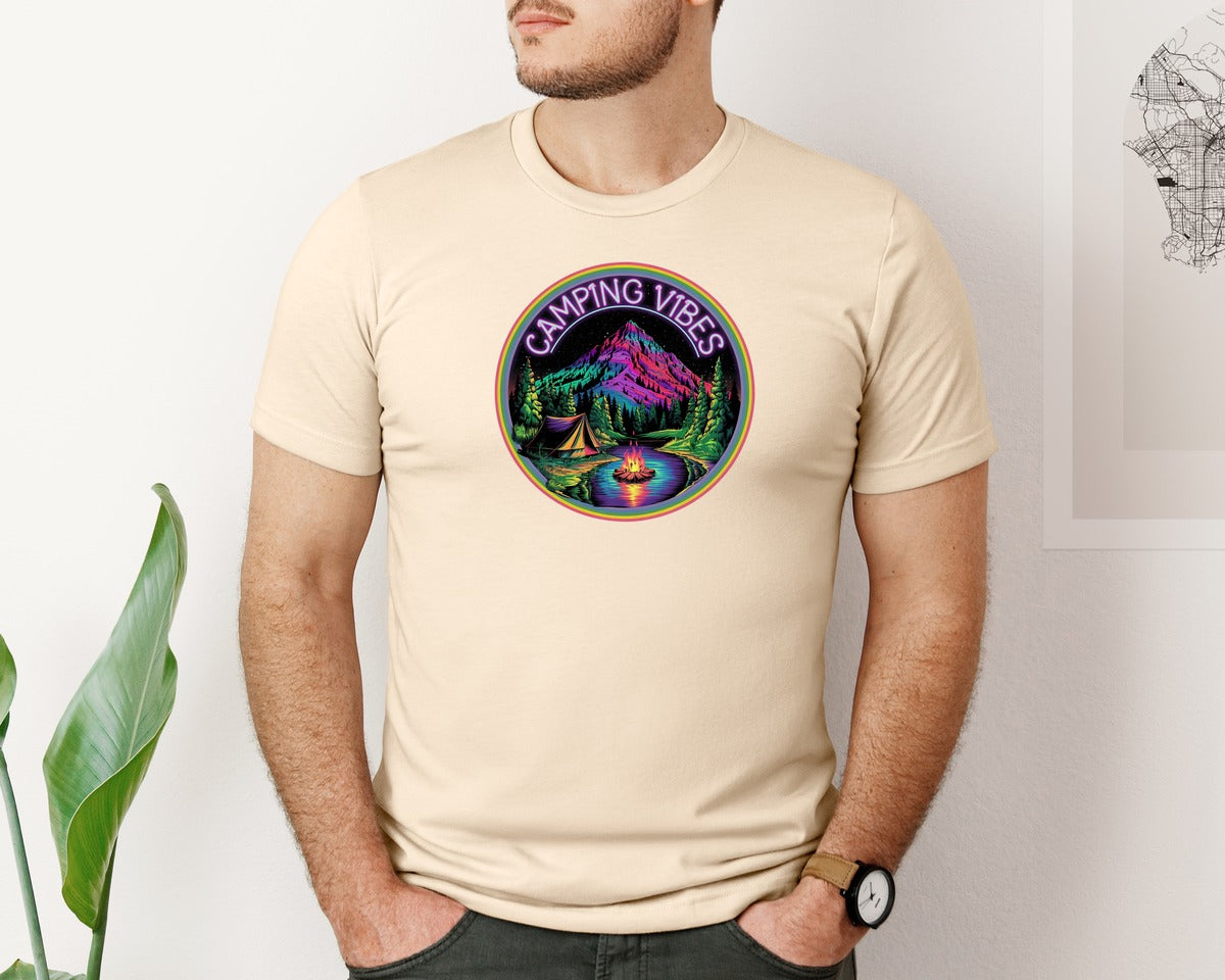 brand:Bella Canvas|color:Soft Cream|Neon Camping Vibes Outdoor Camping Graphic T-Shirt