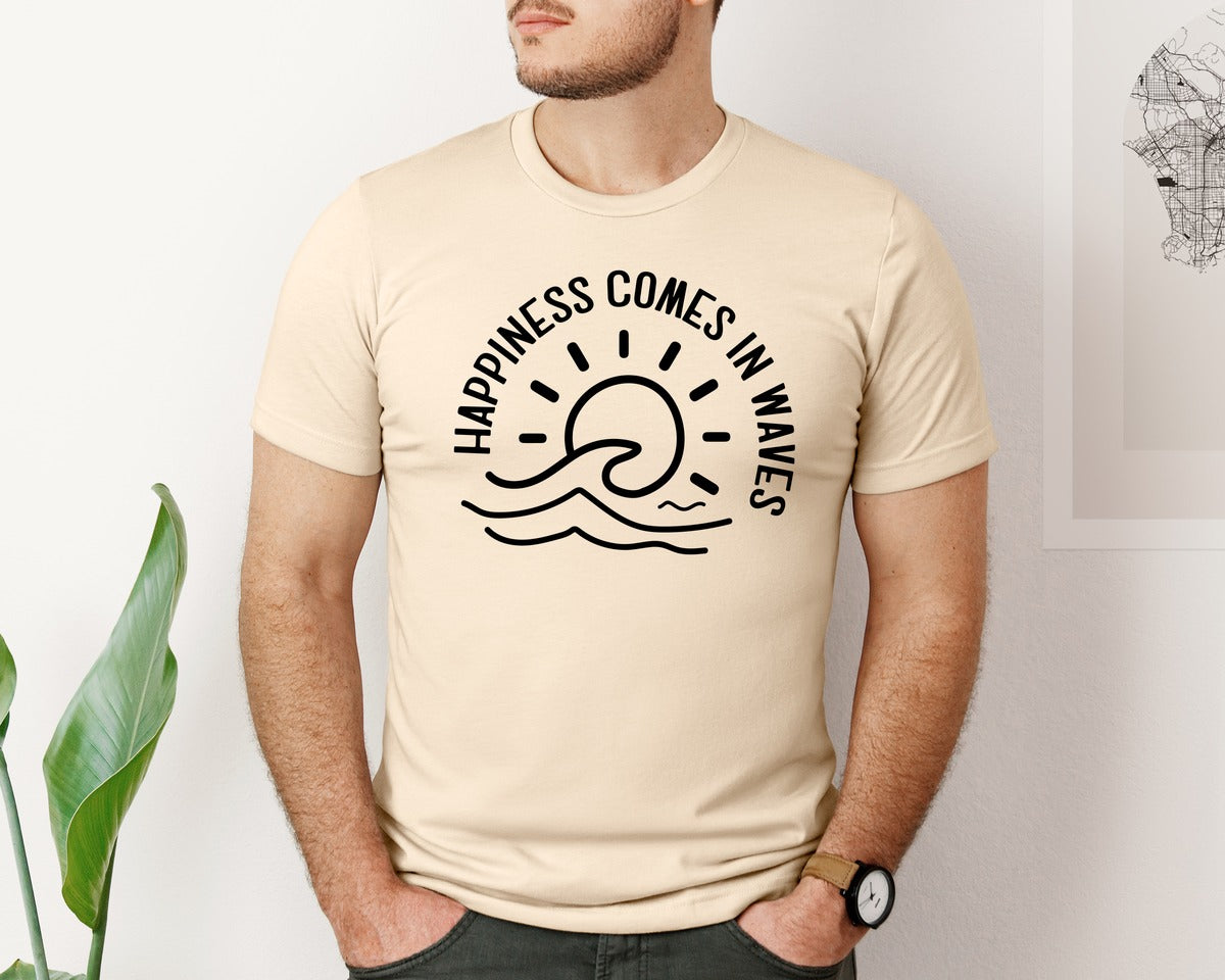 brand:Bella Canvas|color:Soft Cream|Happiness Comes In Waves Summer Graphic T-Shirt