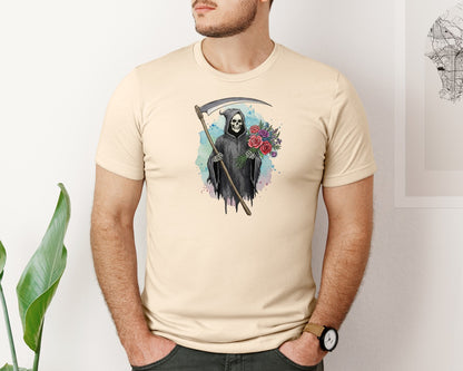 brand:Bella Canvas|color:Soft Cream|Grim Reaper With Flowers Gothic Graphic T-Shirt