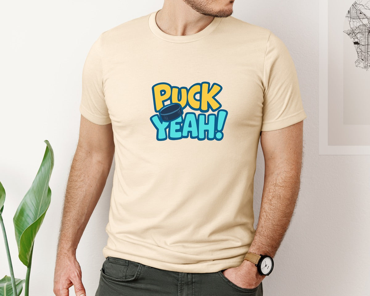 brand:Bella Canvas|color:Soft Cream|Puck Yeah Fun Hockey Quote Graphic T-Shirt