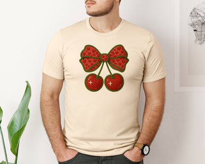 brand:Bella Canvas|color:Soft Cream|Latch Hook Faux Yarn Cherry Bow 3 Graphic T-Shirt