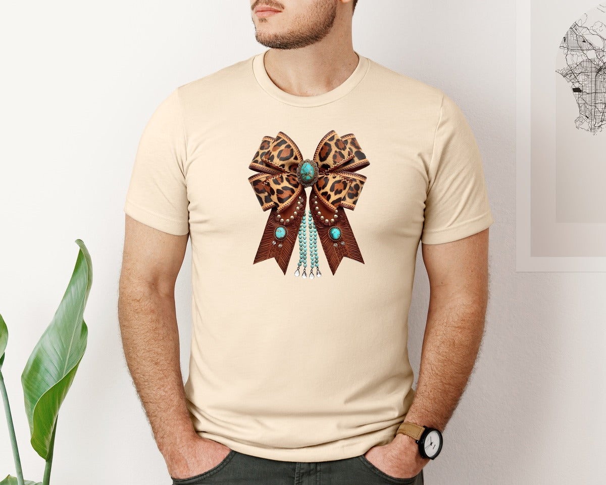 brand:Bella Canvas|color:Soft Cream|Western Leopard Bow Bohemian Coquette Graphic T-Shirt