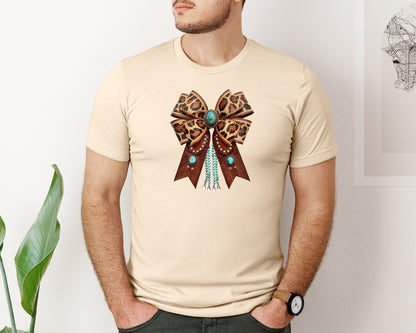brand:Bella Canvas|color:Soft Cream|Western Leopard Bow Bohemian Coquette Graphic T-Shirt