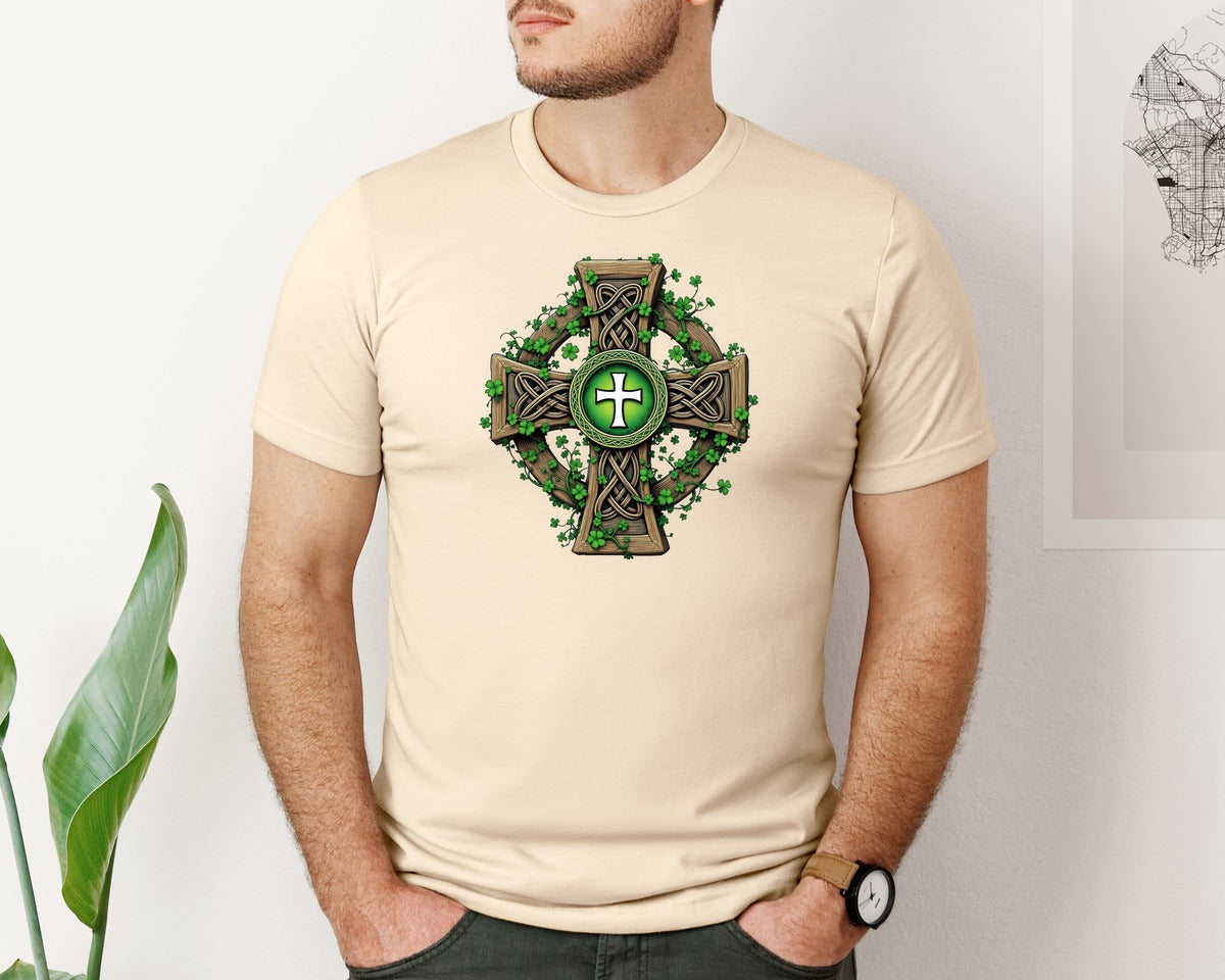 brand:Bella Canvas|color:Soft Cream|Celtic Cross With Shamrocks Irish Graphic T-Shirt