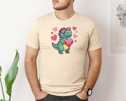 brand:Bella Canvas|color:Soft Cream|Cute Valentine Dinosaur Holding Heart 2 Graphic T-Shirt