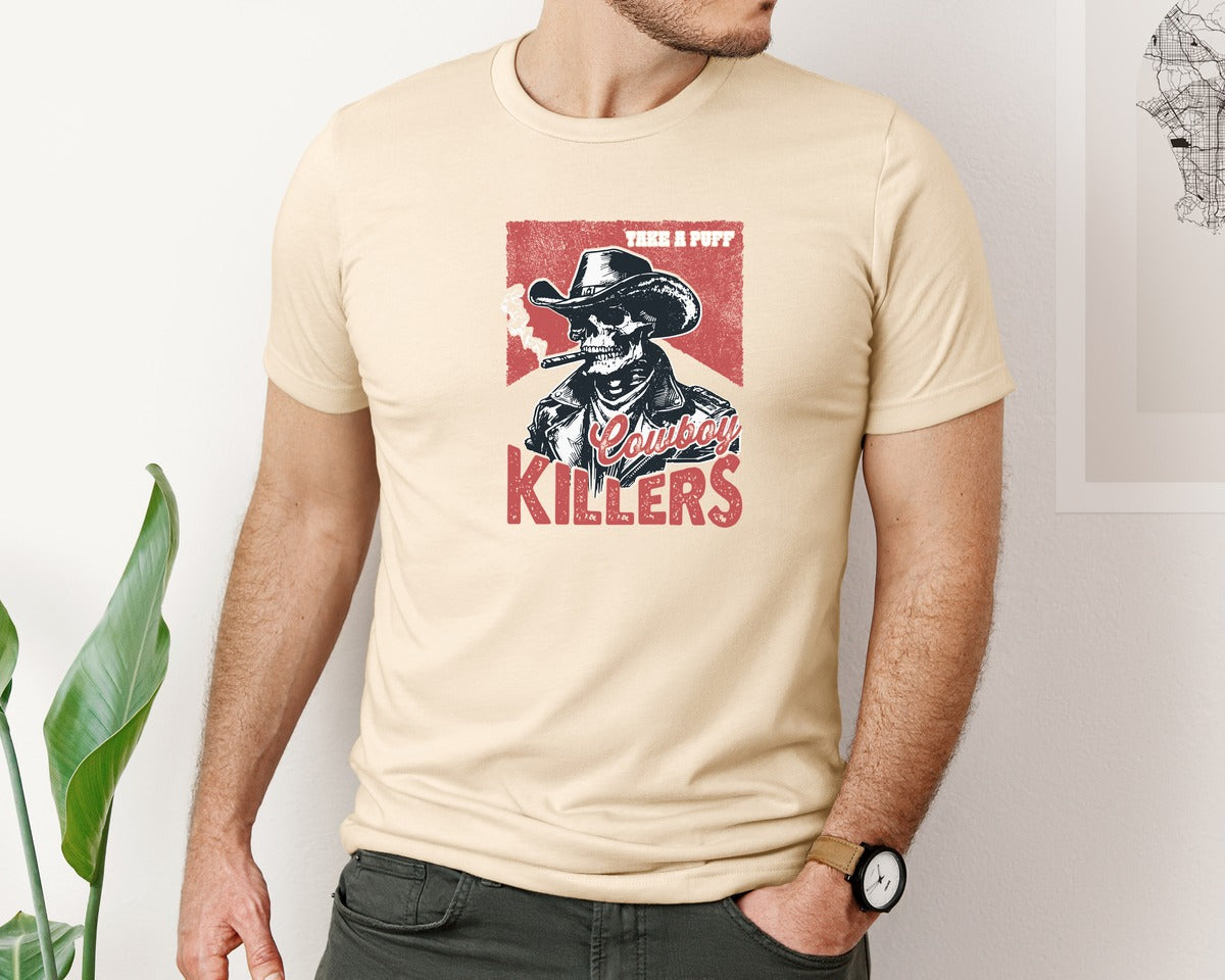 brand:Bella Canvas|color:Soft Cream|Retro Western Cowboy Killers Skeleton Graphic T-Shirt