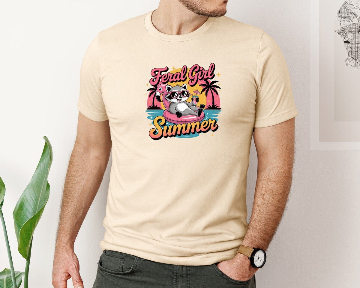 brand:Bella Canvas|color:Soft Cream|Funny Raccoon Feral Girl Summer Graphic T-Shirt