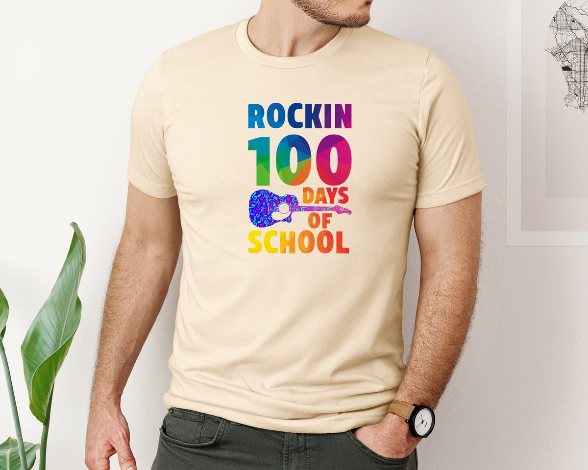 brand:Bella Canvas|color:Soft Cream|Rockin 100 Days Of School Music Teacher Graphic T-Shirt