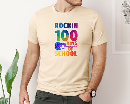 brand:Bella Canvas|color:Soft Cream|Rockin 100 Days Of School Music Teacher Graphic T-Shirt