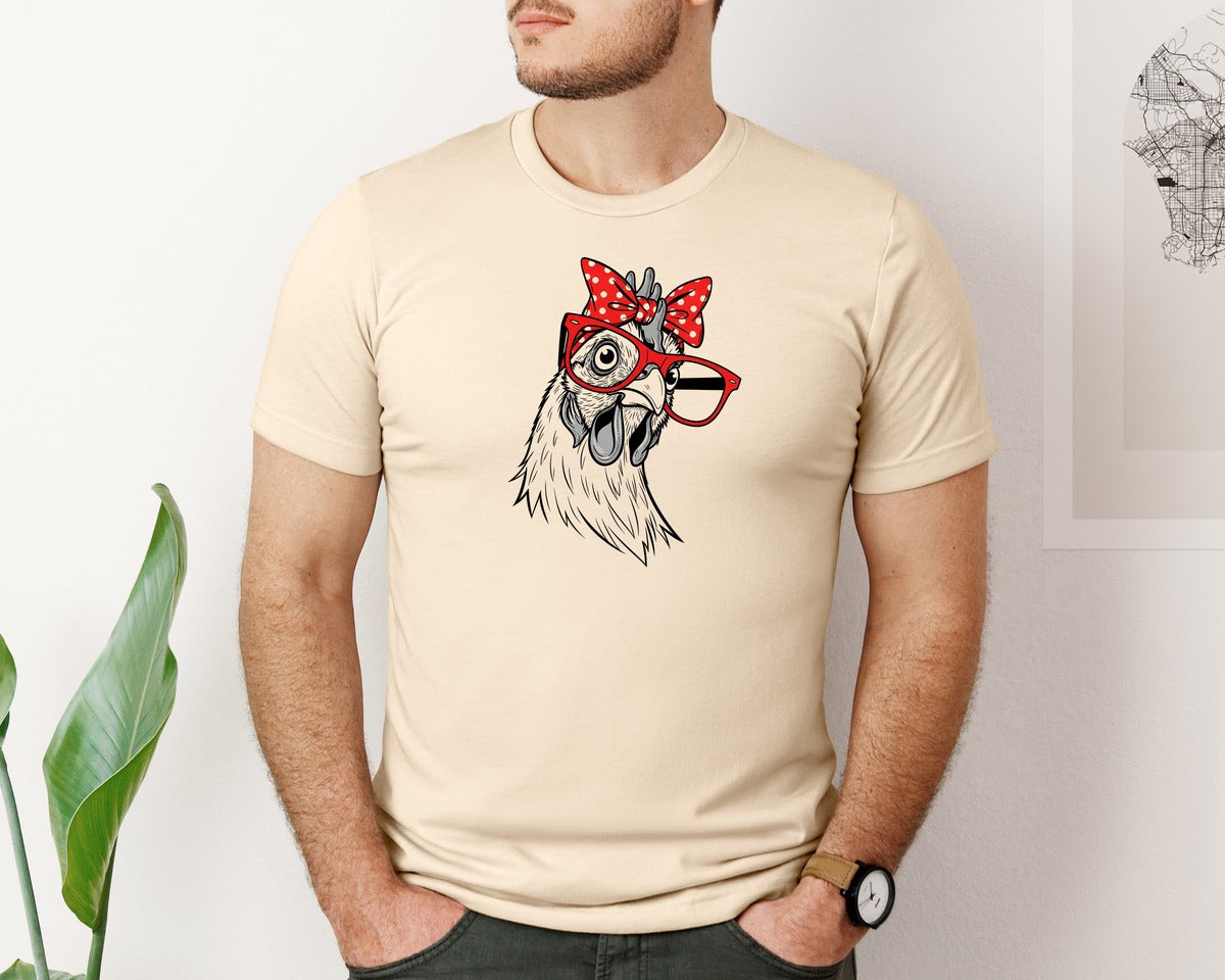 brand:Bella Canvas|color:Soft Cream|Funny Chicken With Glasses And Bow 2 Graphic T-Shirt