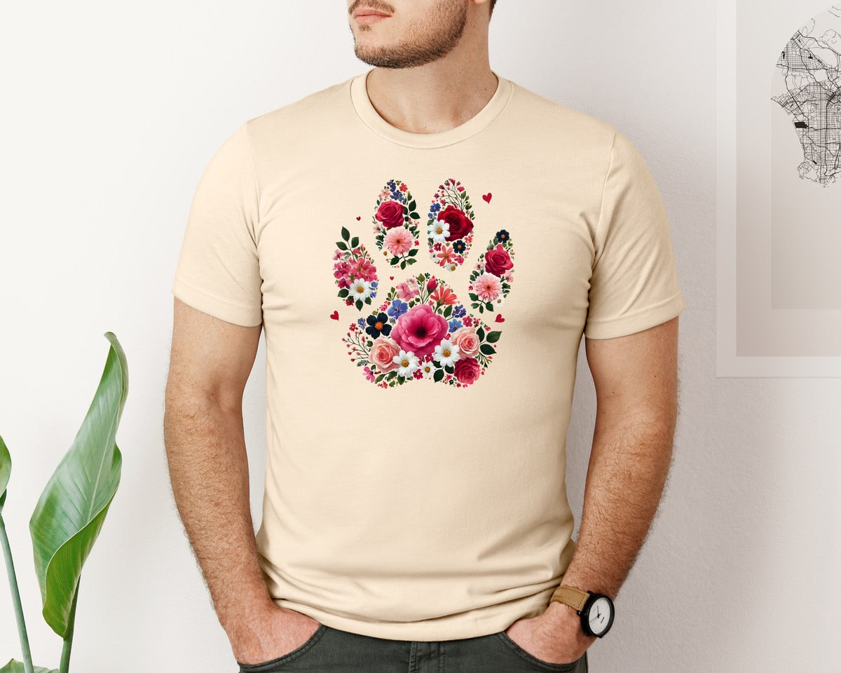 brand:Bella Canvas|color:Soft Cream|Floral Paw Print Watercolor Flower Graphic T-Shirt