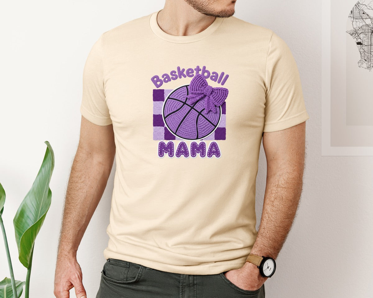 brand:Bella Canvas|color:Soft Cream|Faux Yarn Crochet Basketball Mama Graphic T-Shirt