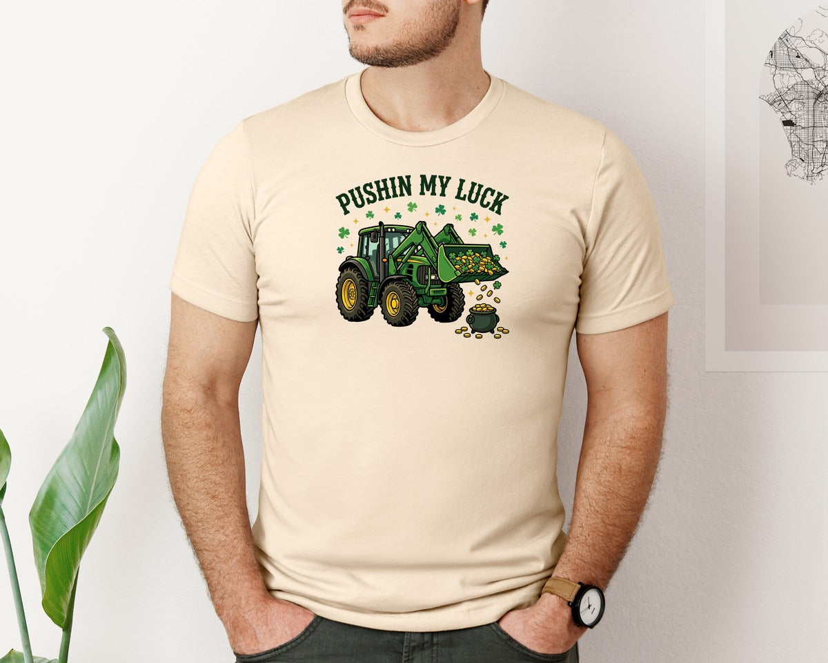 brand:Bella Canvas|color:Soft Cream|Pushin My Luck Tractor St Patricks Graphic T-Shirt