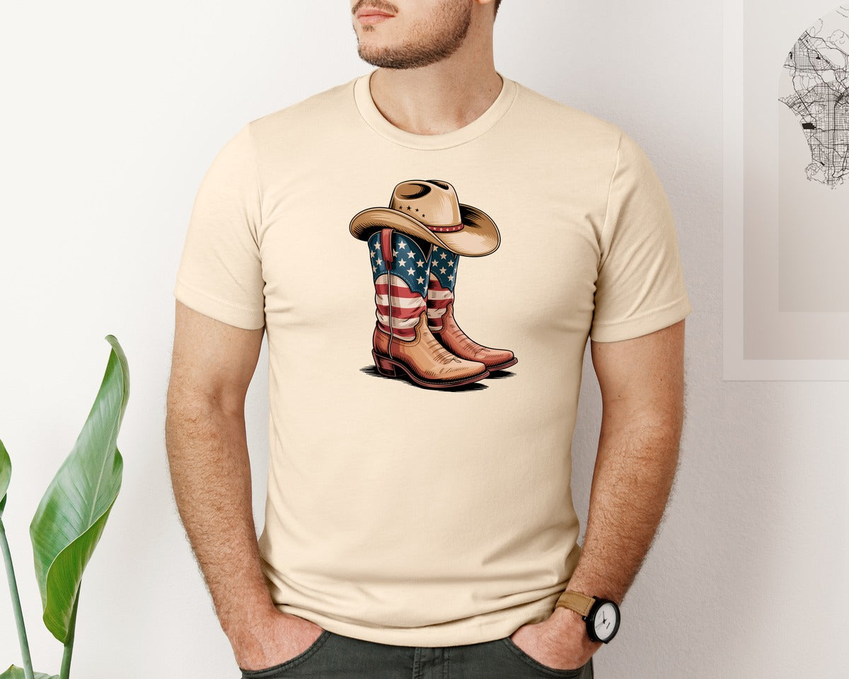 brand:Bella Canvas|color:Soft Cream|4Th Of July Cowboy Boots Watercolor Graphic T-Shirt