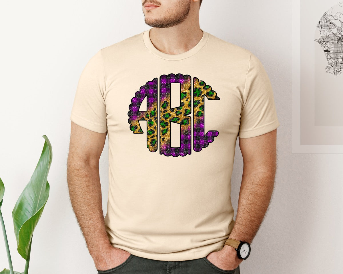 brand:Bella Canvas|color:Soft Cream|Glitter Mardi Gras Leopard Monogram Graphic T-Shirt