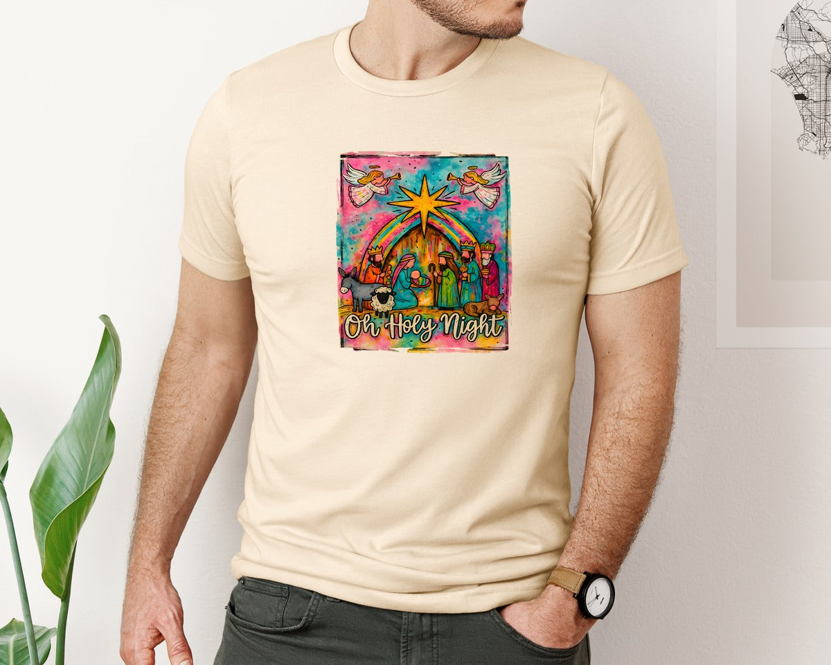 brand:Bella Canvas|color:Soft Cream|Oh Holy Night Nativity Scene Graphic T-Shirt