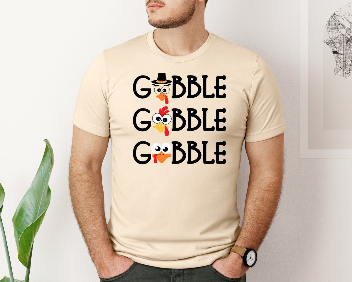 brand:Bella Canvas|color:Soft Cream|Gobble Gobble Gobble Turkey Faces For O Graphic T-Shirt