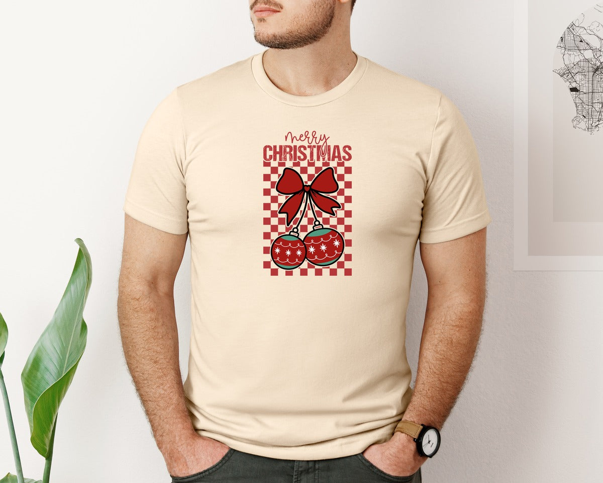 brand:Bella Canvas|color:Soft Cream|Checkered Christmas Cherries Graphic T-Shirt