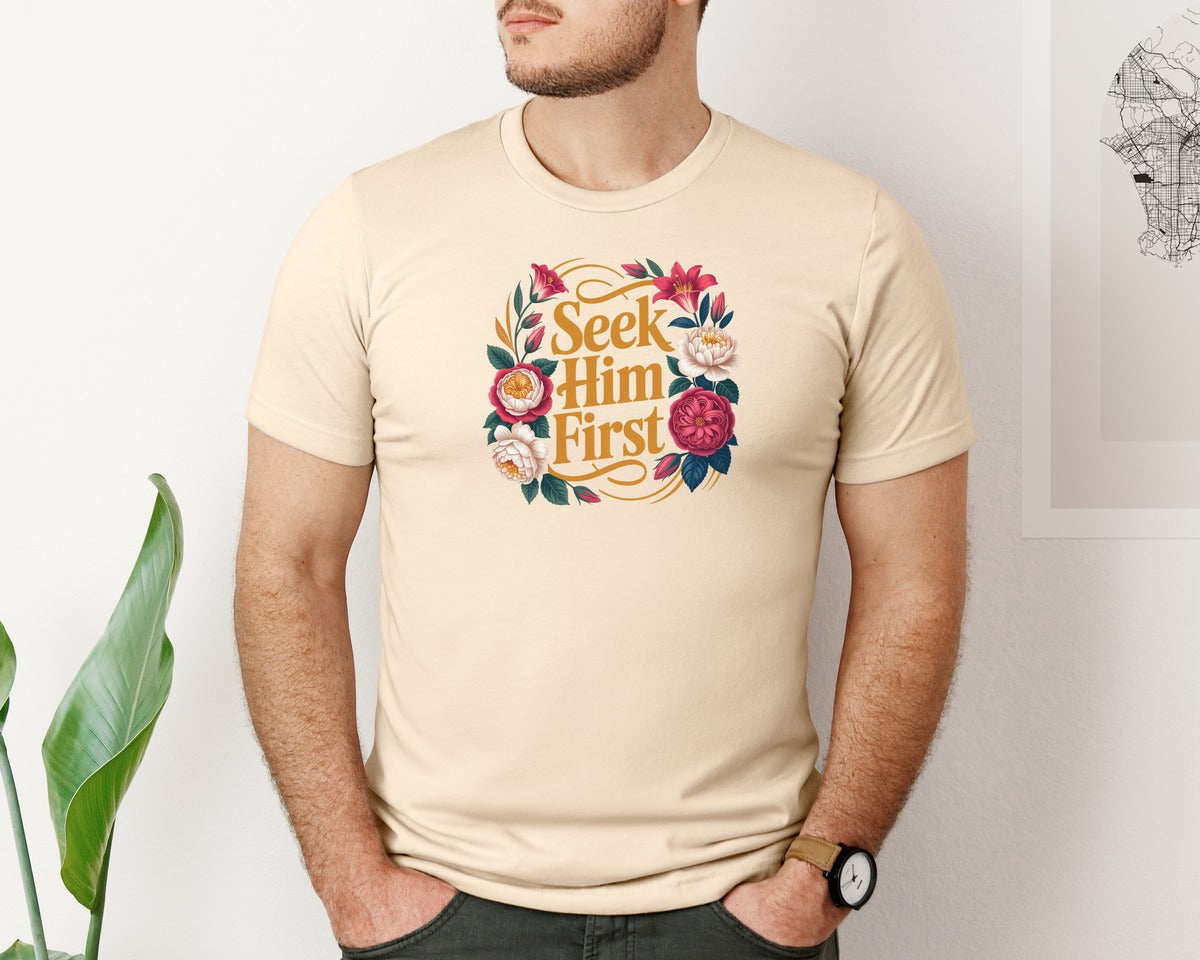 brand:Bella Canvas|color:Soft Cream|Seek Him First Floral Christian Graphic T-Shirt