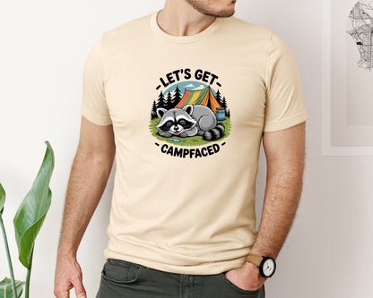 brand:Bella Canvas|color:Soft Cream|Lets Get Campfaced Camping Raccoon Graphic T-Shirt