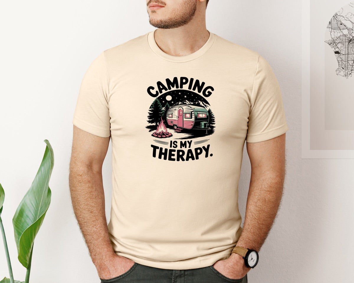 brand:Bella Canvas|color:Soft Cream|Camping Is My Therapy Camper Design Graphic T-Shirt