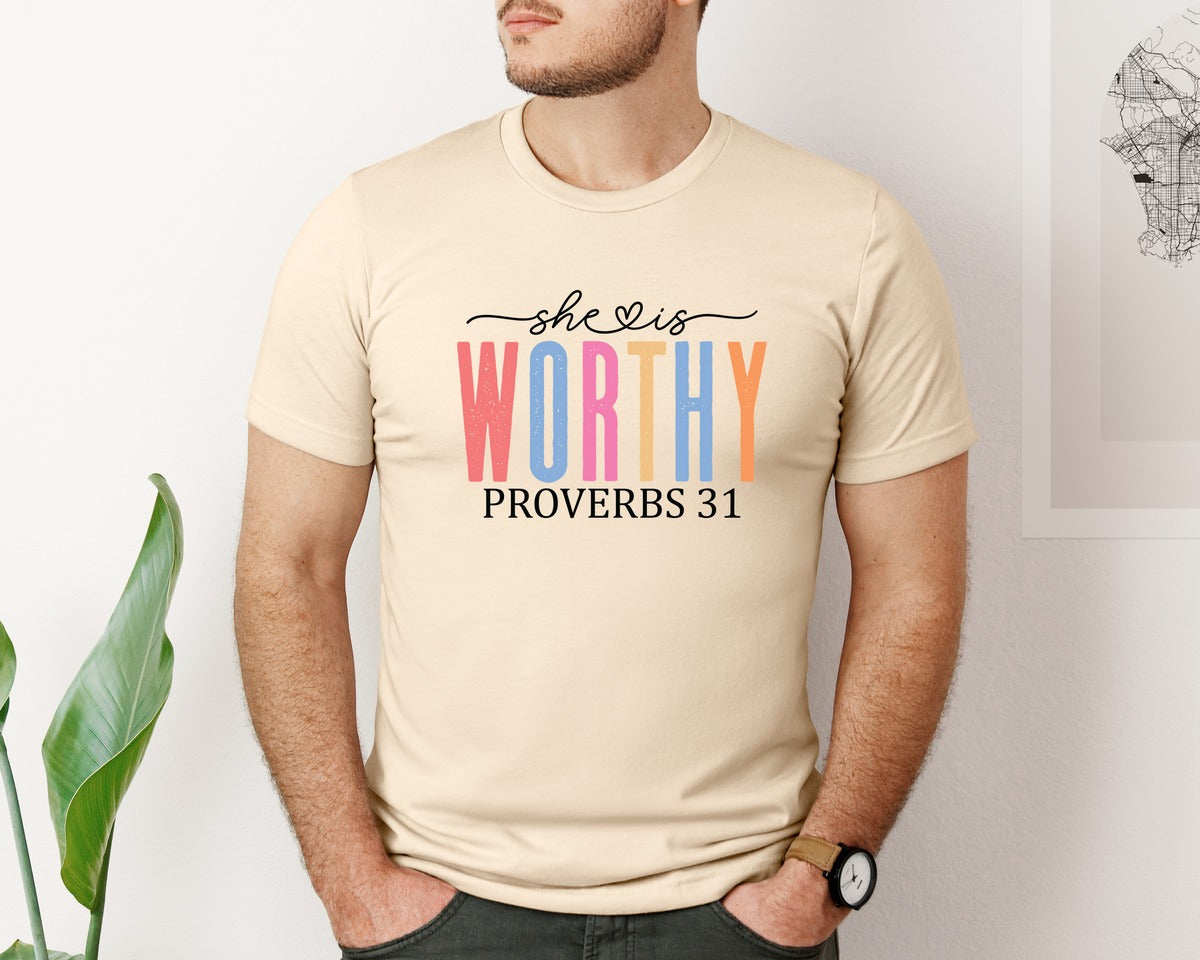 brand:Bella Canvas|color:Soft Cream|She Is Worthy Religious Graphic T-Shirt