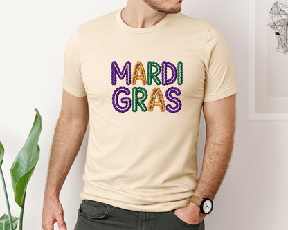brand:Bella Canvas|color:Soft Cream|Faux Yarn Mardi Gras Letters Design Graphic T-Shirt
