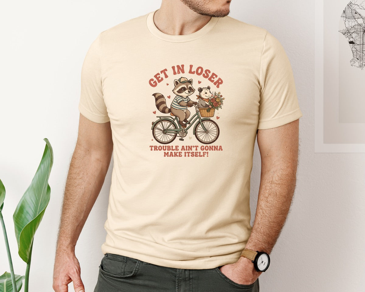 brand:Bella Canvas|color:Soft Cream|Funny Raccoon Possum Bicycle Valentine Graphic T-Shirt