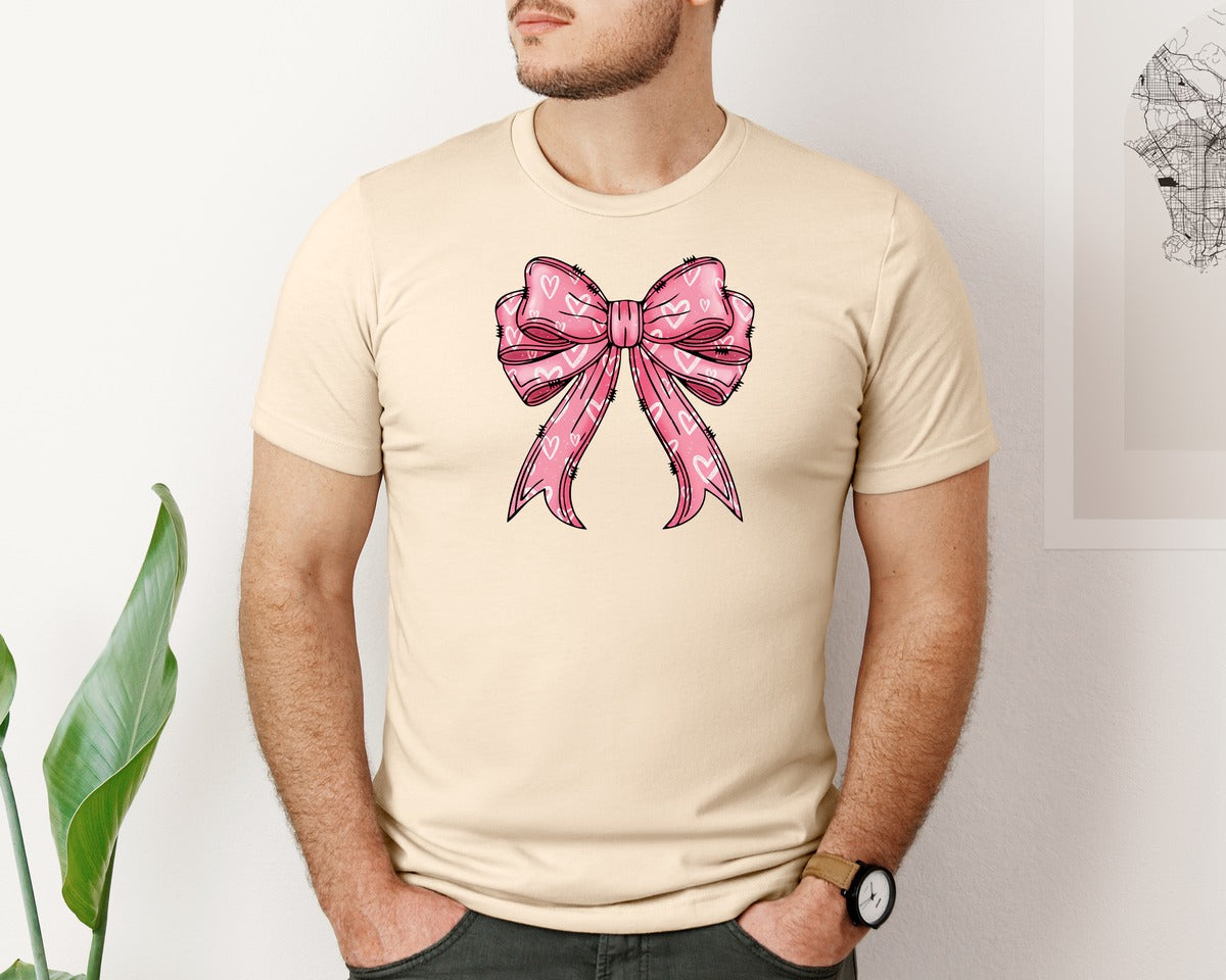 brand:Bella Canvas|color:Soft Cream|Cute Pink Heart Pattern Valentine Bow Graphic T-Shirt