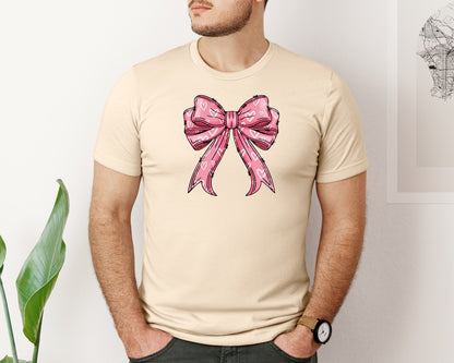 brand:Bella Canvas|color:Soft Cream|Cute Pink Heart Pattern Valentine Bow Graphic T-Shirt
