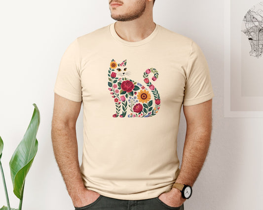 Folk Floral Cat Cute Art Graphic T-Shirt