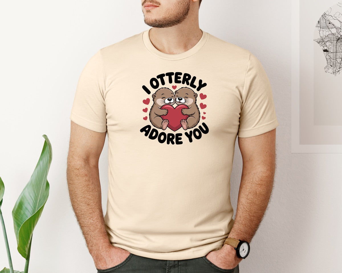 brand:Bella Canvas|color:Soft Cream|Cute Otter Valentines Day Graphic T-Shirt