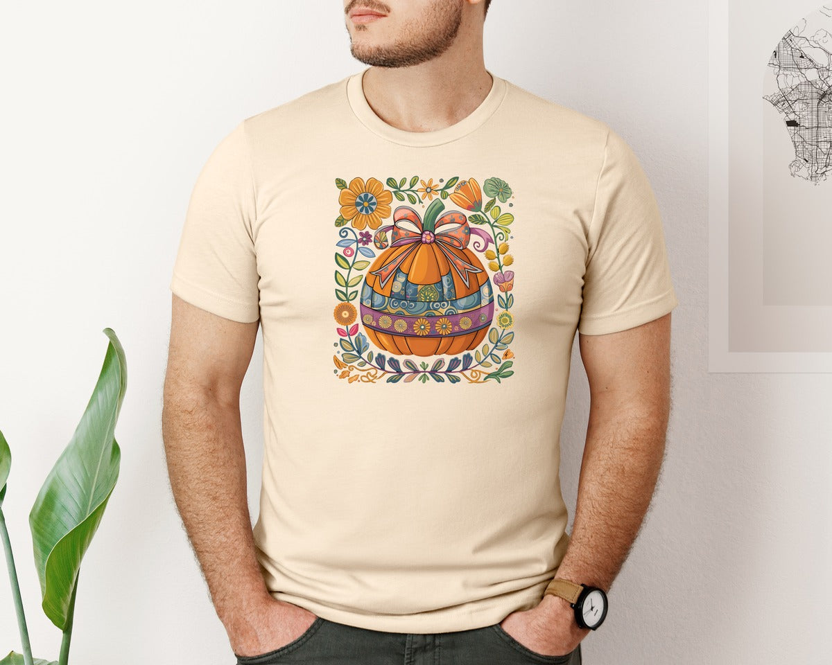 brand:Bella Canvas|color:Soft Cream|Folk Floral Pumpkin Graphic T-Shirt